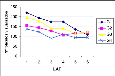 Figura 14 – Gráfico ilustrando o número total de folículos visualizados em  cada grupo ao longo de seis sessões de laparoscopia para  aspiração folicular (LAF)