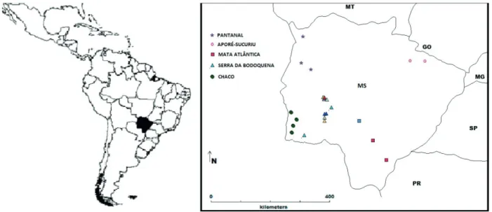Fig. 1. Pontos de amostragem de Spheciformes (Hymenoptera, Apoidea) no Mato Grosso do Sul, Brasil.