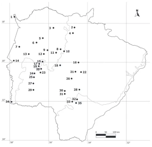 Fig. 1. Localidades, com coordenadas geográficas, onde foram coletados espécimes de Hippoboscoidea no Estado do Mato Grosso do Sul, Brasil: 1, Porto  Índio - 17°40’08.70”S, 57°45’21.40”O; 2, Fazenda Recreio - 18°13’00.00”S, 54°40’00.00”O; 3, Fazenda Guanab