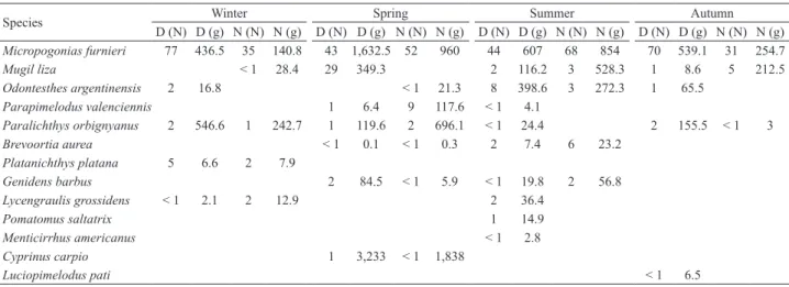 Tab. IV. Diel fish catch differences by season of the year caught by seine netting from May 2002 to June 2003 in the lower Pando sub-estuary, Uruguay  (D, day; N, night)