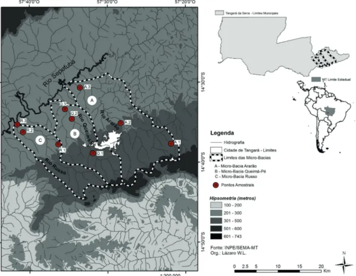 Fig. 1. Mapa de localização da área de estudo e das microbacias dos riachos Ararão (A), Queima Pé (B) e Russo (C), afluentes da margem esquerda do  rio Sepotuba, no estado de Mato Grosso, Brasil