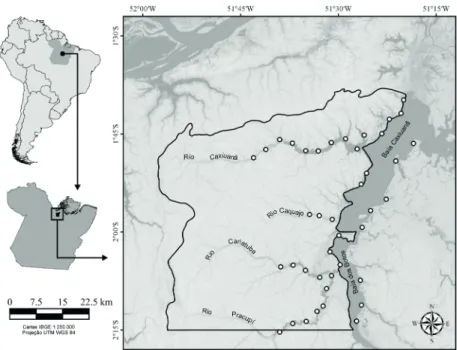 Fig. 1. Location of the Caxiuanã National Forest, municipalities of Melgaço and Portel, State of Pará, showing the ichthyofauna sampling sites.