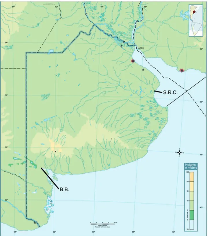Fig. 1. Map of the sample sites, Salado Relief Channel (S.R.C.) in Samborombon Bay and the Sauce Chico River in Bahia Blanca estuary (B.B.), Argentina.