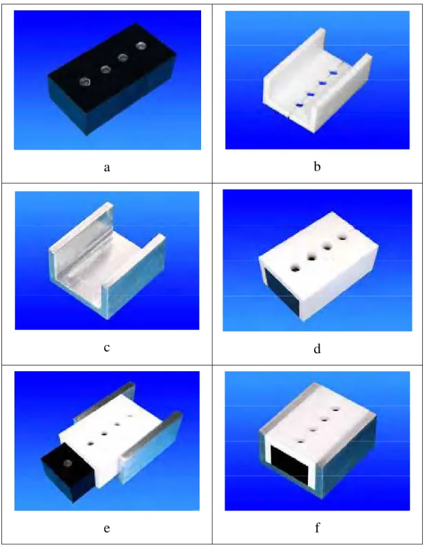 Figura 4   -  Composição da matriz: a) bloco de resina acrílica; b) matriz de  teflon; c) trilho metálico; d) teflon sobre o bloco de resina  acrílica; e) montagem da matriz; f) matriz pronta para a inserção  do cimento