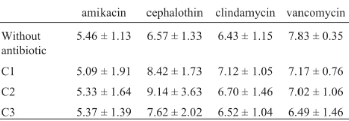 Table 1 - Effect of in vitro administration of amikacin, cephalothin, clindamycin and vancomycin on number of fibroblasts.