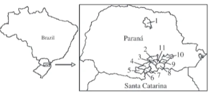 Figure 1 - Geographic localities of maize collection used in this study. 1, Londrina, PR (accessions 5 and 50); 2, Iratí (accessions 22, 39, 40, 42, 46, 73 and 77); 3, Rio Azul, PR (accessions 1, 10, 12, 15, 37, 38, 56, 60, 63, 64, 68, 69 and 71); 4, Cruz 