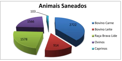 Gráfico 6 – Animais intervencionados em sanidade e profilaxia por espécie e aptidão, expresso em valor absoluto