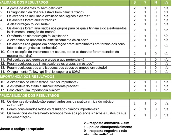 Tabela 7 - Grelha para avaliação crítica de um estudo descrevendo um ensaio clinico prospetivo,  aleatorizado e controlado 