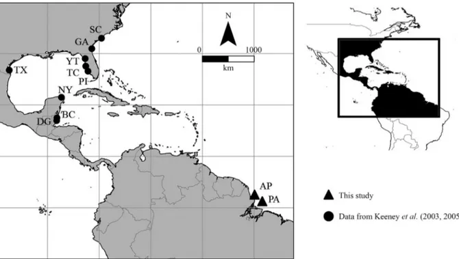 Figure 1 - Sampling localities for this phylogeographic study. Circles represent populations from Keeney et al