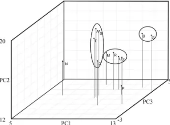Figure 3 - Distribution of the 12 genetic groups of goats in Brazil and Mo- Mo-rocco, in relation to the principal components 1, 2 and 3.Genetic groups: