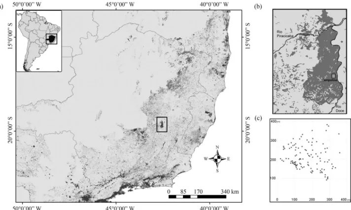 Figure 1 - Map of part of southeastern Brazil showing remaining areas of Atlantic Forest, including the Rio Doce State Park (a); the Rio Doce State Park and the location of Campolina population (a) and the distribution (in meters) of the 112 adult individu