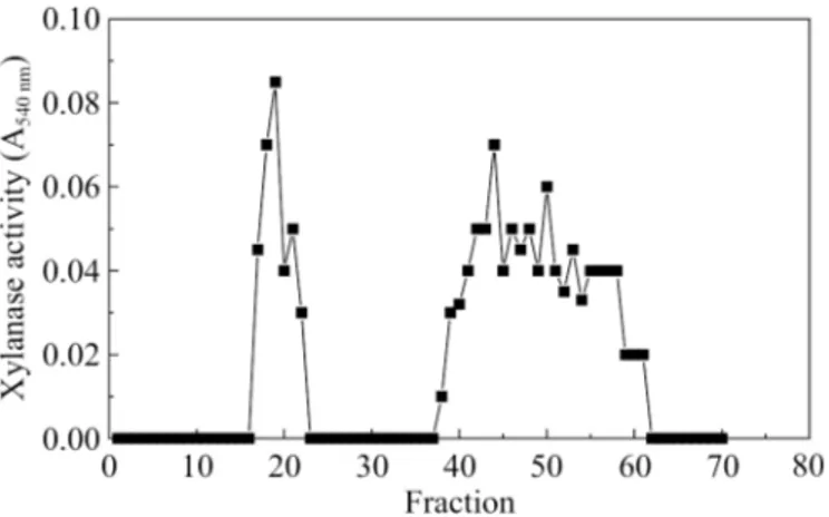 Figure 2. DEAE-cellulose chromatography of ammonium sulfate precipitated protein from the culture with carbon source 1%
