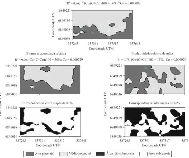 Figura  2.  Correspondência  com  o  mapa  de  isolinhas  do  índice  de  vegetação  por  diferença  normalizada  com  o  mapa  da  biomassa acumulada relativa e produtividade relativa de grãos, e parâmetros de ajuste dos semivariogramas