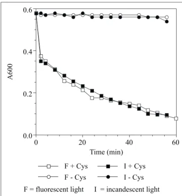 Figure 4. Effect of cysteine on reduction of resazurin under fluorescent or incandescent light at 10 µE / m 2  × s.
