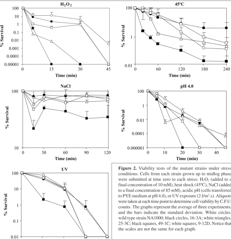 Figure 2. Viability tests of the mutant strains under stress conditions. Cells from each strain grown up to midlog phase were submitted at time zero to each stress: H 2 O 2  (added to a final concentration of 10 mM), heat shock (45ºC), NaCl (added to a fin