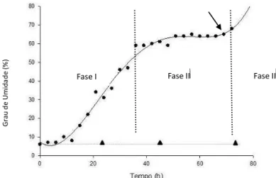 FIGURA  1.  Curva  de  embebição  de  sementes  de  Pelthoporum dubium,  com (●, linha inteira)  e  sem  tratamento  pré-germinativo  (▲),  sob  temperatura  de  25º  C  e  fotoperíodo  de 12 horas