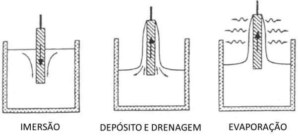 Figura 6: Etapas envolvidas na formação de filmes finos pelo processo dip-coating.  