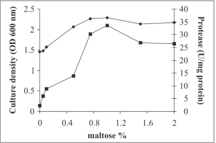 Figure 2. Effect of maltose concentration on growth ( n ) and