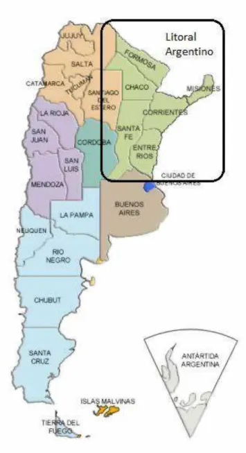 FIGURA 1: Mapa da Argentina destacando a região do Litoral (Fonte: ARGENTINASEDUCE, 2011 ) 