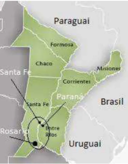 FIGURA 2: Mapa do Litoral Argentino destacando a localização das cidades de Rosario,  Santa Fe e Paraná (Fonte: ARGENTINATURISMO, 2014) 