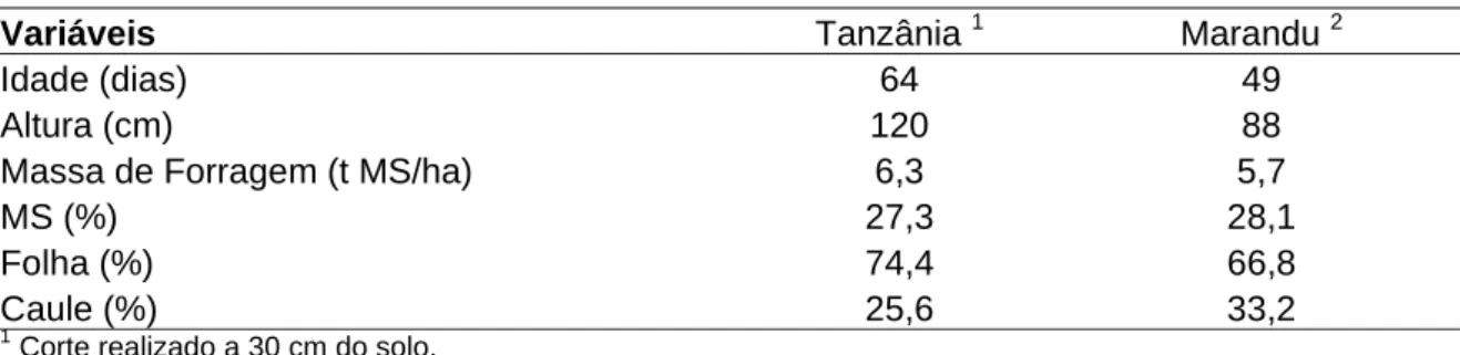 Tabela 2 - Características dos capins Tanzânia e Marandu no momento da ensilagem. 