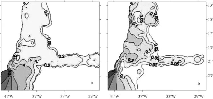 Figure 3. Horizontal distribution of (a) bacterial production (ng C L -1  h -1 ) and (b) bacterial abundance (10 5  cells mL -1 ).