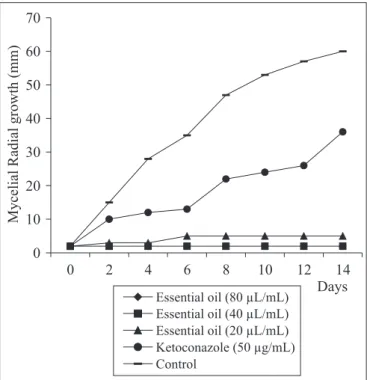 Figure 1. Effect of C. zeylanicum essential oil and ketoconazole on the radial mycelial growth kinetic of A