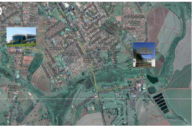 Figura 1:  Mapa indicativo dos pontos de coleta do sistema de efluente do Hospital  de Câncer de Barretos e da Estação de Tratamento de esgoto de Barretos 