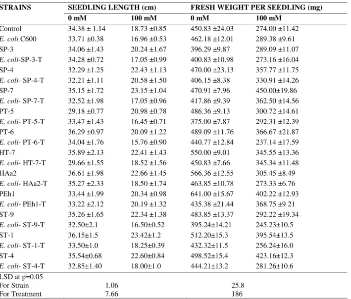 Table 3. Effect of salt tolerant bacteria (parental strains and their respective transformants) on seedling length and fresh weight of   T