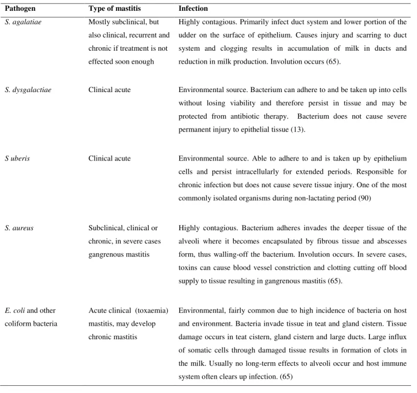 Table 1. Characteristics of common mastitis-causing pathogens, invasiveness and infection  
