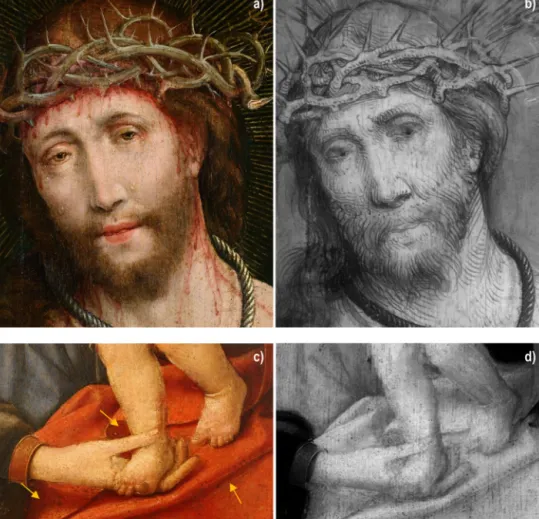 Fig. 1. Surface exams: (a) and (b) detail of Ecce Homo by standard light photography and infrared reﬂectography, respectively, showing an abundant and expressive under- under-drawing (representative of situation (a)); (c) and (d) detail of Virgin with the 