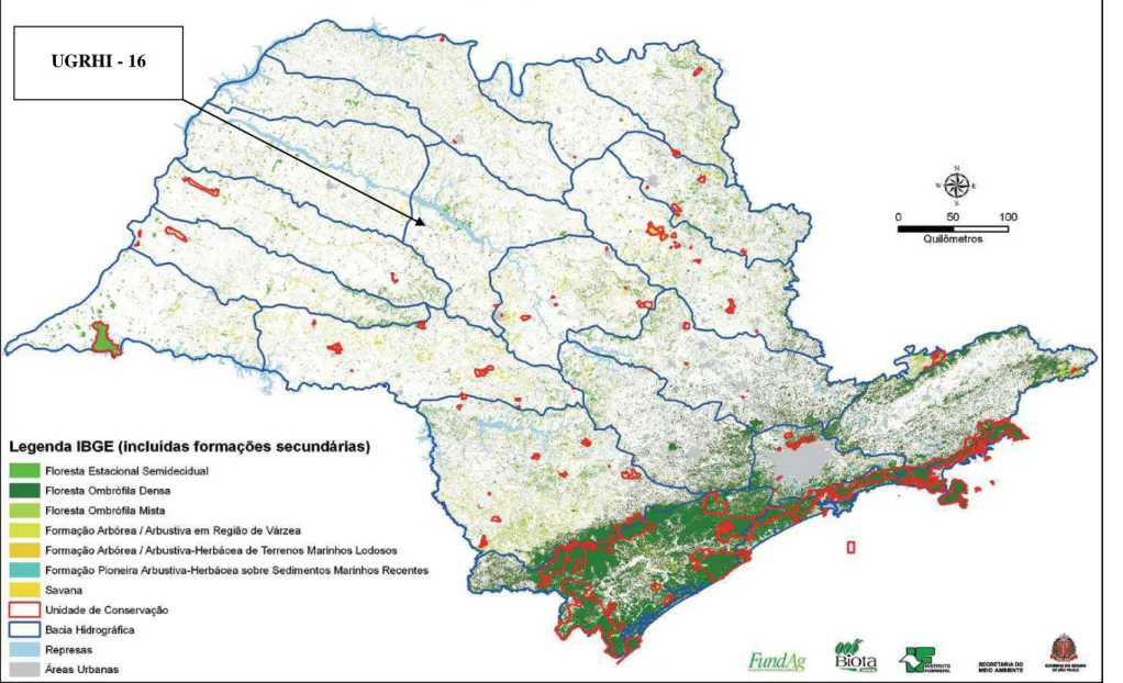 Figura 2 – Localização do Rio Dourado e os Fragmentos Florestais, no Mapa do Estado de São Paulo