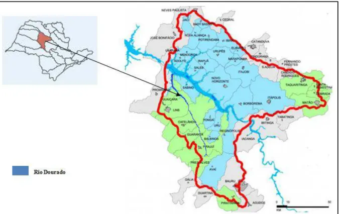 Figura 4 - Localização do Rio Dourado na Bacia Hidrográfica do Tietê/Batalha - UGRHI-16, em  Destaque