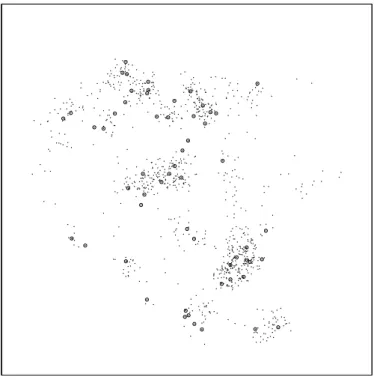 Figure 1.2: Spatial distribution of the observed cases (circles) and controls (dots) in Lancashire-UK data.