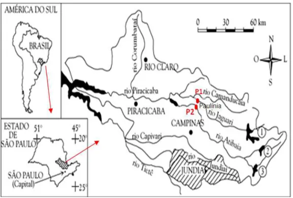 Figura 3. Localização geográfica da UGRHI-05. As legendas indicam as bacias formadas pelos Rios  Jaguari e Atibaia, formadores do Rio Piracicaba