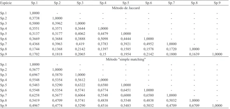 Tabela 2.  Coeficiente de similaridade genética entre espécies do gênero Manihot e do grupo externo Croton pelos métodos de  Jaccard e  “ simple matching ” 