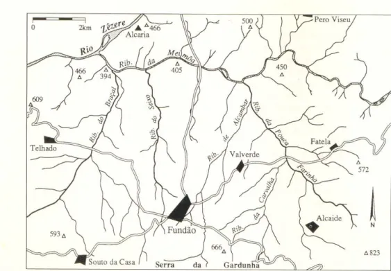 Figure  lb.  Blow-up  of  thc  Fundão  area  with  the  major  villagcs  (black  polygons)  and  connecti ng  roads  ( double  !ines),  the  rivers  Zczcrc  and  Meimoa  and  their  tributary  streams  and  streamlets,  topographical  heights  (triangles w