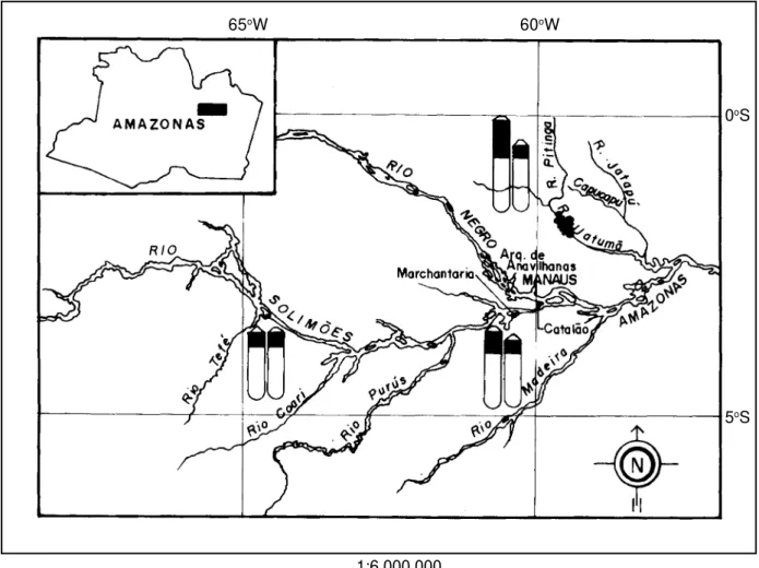 Figure 1 - Map of central Amazon showing capture localities and idiograms of NOR phenotypes of Plagioscion squamosissimus.
