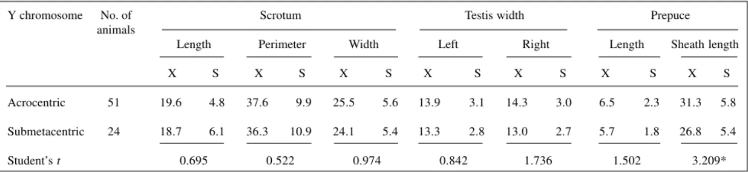 Table II - Morphometric data (in cm) for elements of the outer genitalia of “pé-duro” bulls with different Y chromosome types.