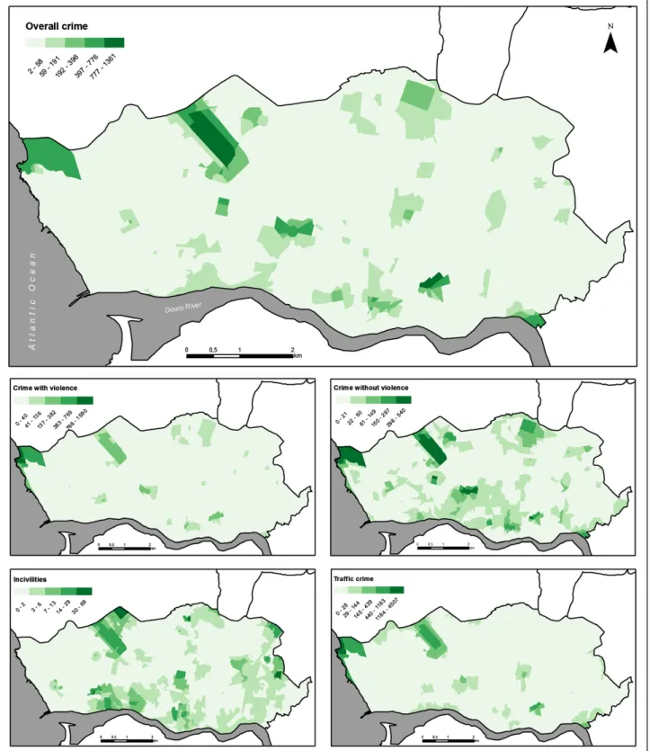 Fig. 2 Spatial distribution of recorded crime (Porto, 2008). Spatial distribution of the crime rates (crimes/1000 inhabitants) by category