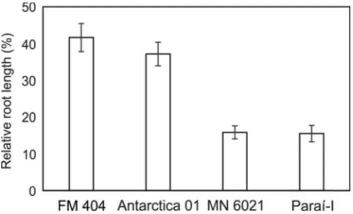 Figure 1 - Relative root length (RRL) of four barley genotypes in relation to Al 3+ tolerance in a short-term soil experiment