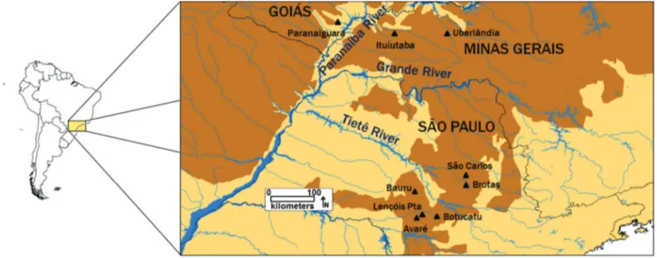 Figure 1 - Localities analyzed. Localities sampled during the present study, located within the Cerrado biome (brown shading) in relation to the major lo- lo-cal rivers, the Paranaíba, Grande, and Tietê