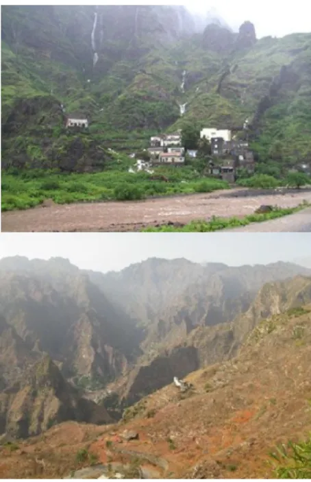 Figura  3  -  Contraste  de  imagens  da  Ilha  de  Santiago, Cabo Verde, no período pós chuva e  no período da alta estiagem.