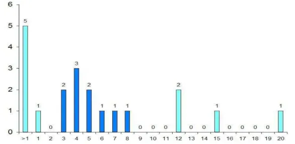 Gráfico 1 :  Número de participantes (vertical)/Anos de prática no instrumento(horizontal) 