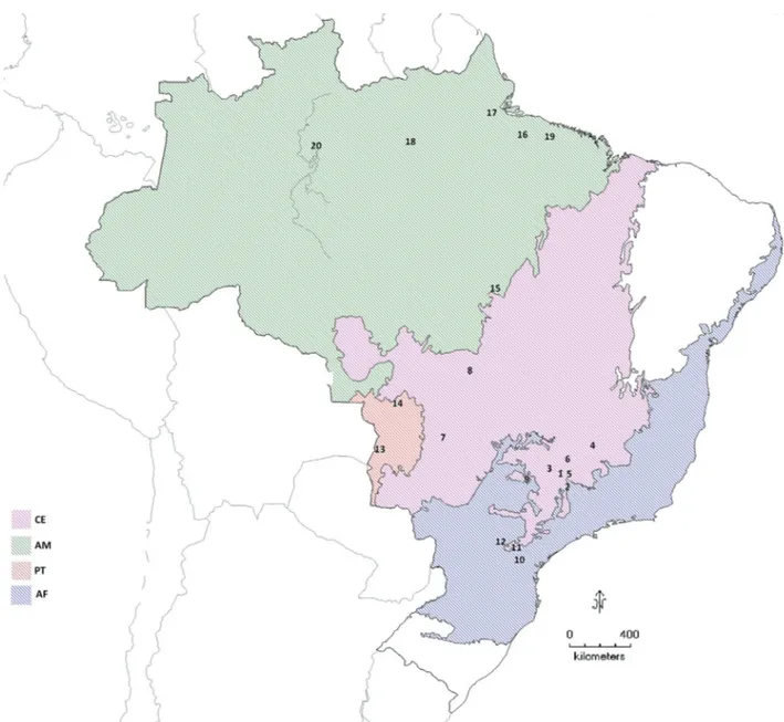 Figure 1 - Map with localities of M. tridactyla individuals sampled for this study. 1- National Park of Serra da Canastra, MG; 2- Piumhi, MG; 3- Araxá, MG; 4- Dores do Indaiá, MG; 5- Doresópolis, MG; 6- Uberlândia, MG; 7- National Park of Emas, GO; 8- Nova