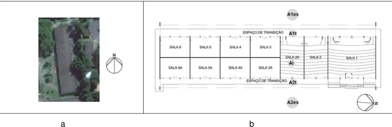 Figura 13  – a) Imagem de satélite e b) Planta do Edifício A sem escala e com a localização dos  pontos de medição