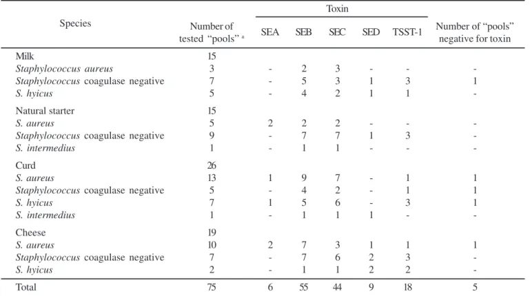 Table 3. Detection of toxin production by “pools” of Staphylococcus spp. from the different samples studied.