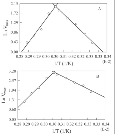 Figure 3. Application of Arrhenius model to calculate activation energy for L-DOPA production by tyrosinase immobilized in fungal mycelium and its thermal deactivation: parental (A) and mutant (B) cultures.