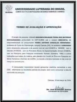 FIGURA 1. Documento de aprovação da pesquisa ( CEP-ULBRA ). 