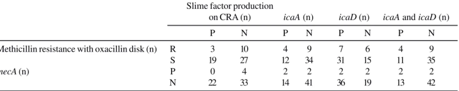 Table 2. Distribution of S.aureus strains according to their phenotypic and genotypic slime factor production characteristics.